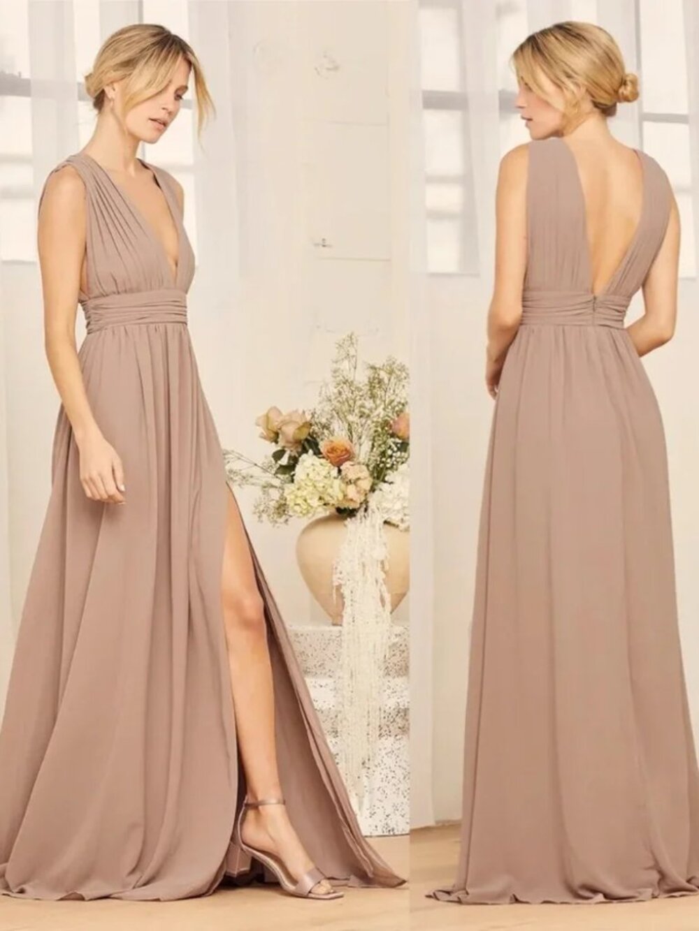 NWT Lulu’s Heavenly Hues Taupe Maxi Dress Womens Large